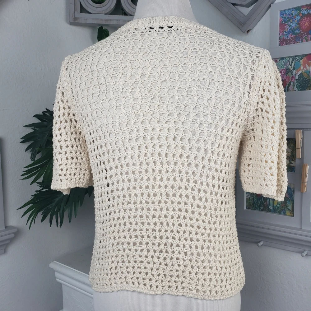 Joie Cream Open Weave Mesh Puffy Sleeves Fairycore Coquette sz Small